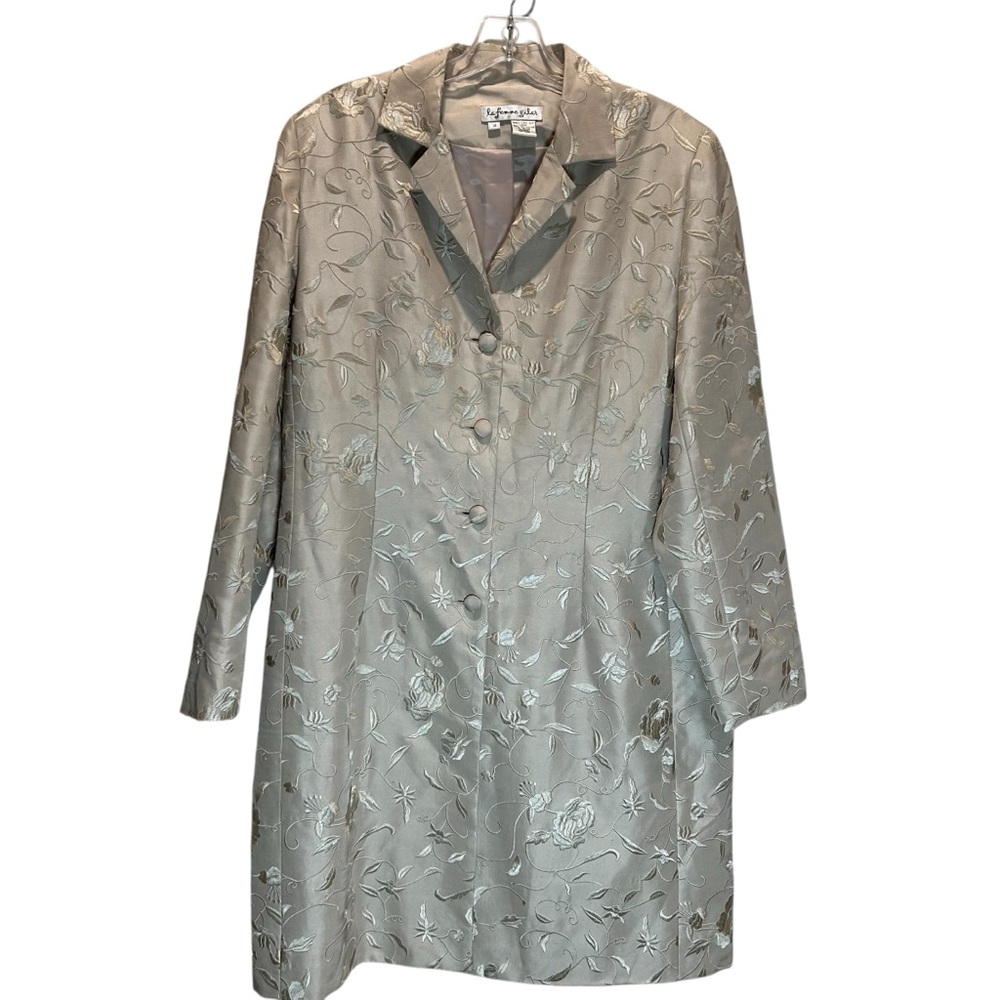 La Femme Cream Silk Midi Coat Fully Lined Covered with Embroidery - Size 14